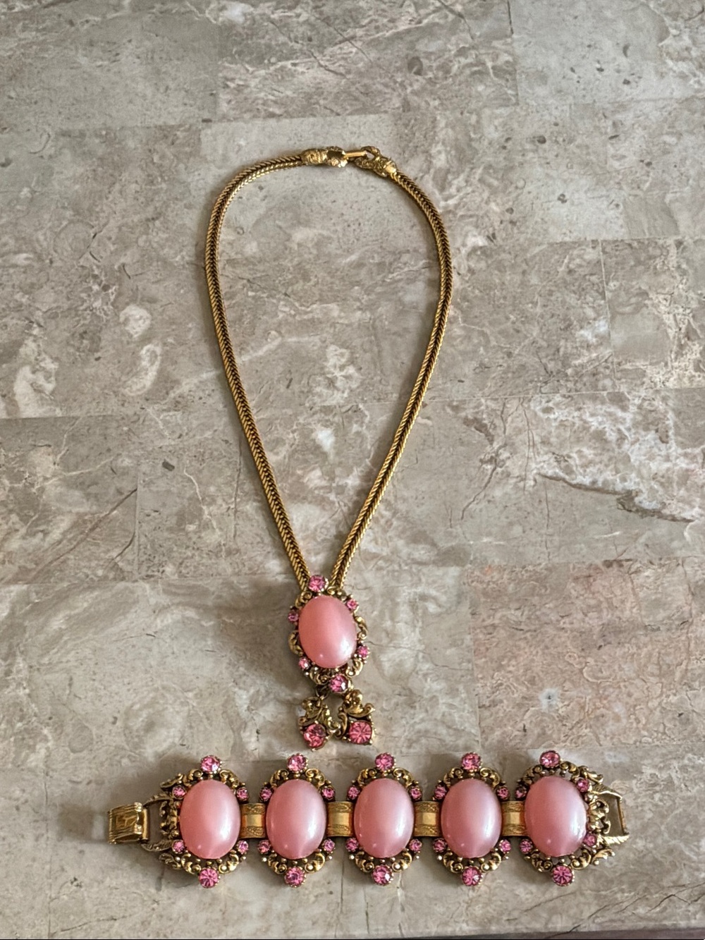 Vintage- Pink Cabochon Necklace & Bracelet Set